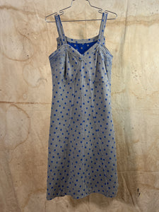 French Blue & Gray Polka-Dot Fleeced Cotton Dress c.1940s