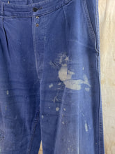 Load image into Gallery viewer, French Blue Workwear Cotton Twill Trousers, Denim Patched &quot;Vulcain&quot; c. 1950s
