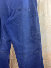 Load image into Gallery viewer, French Blue Workwear Cotton Twill Trousers, Denim Patched &quot;Vulcain&quot; c. 1950s
