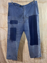 Load image into Gallery viewer, Heavily Patched &amp; Mended French Blue Moleskin Work Trousers c. 1960s
