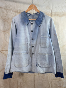 French Cotton Moleskin Work Jacket c. 1950s-60s Heavily faded & patched