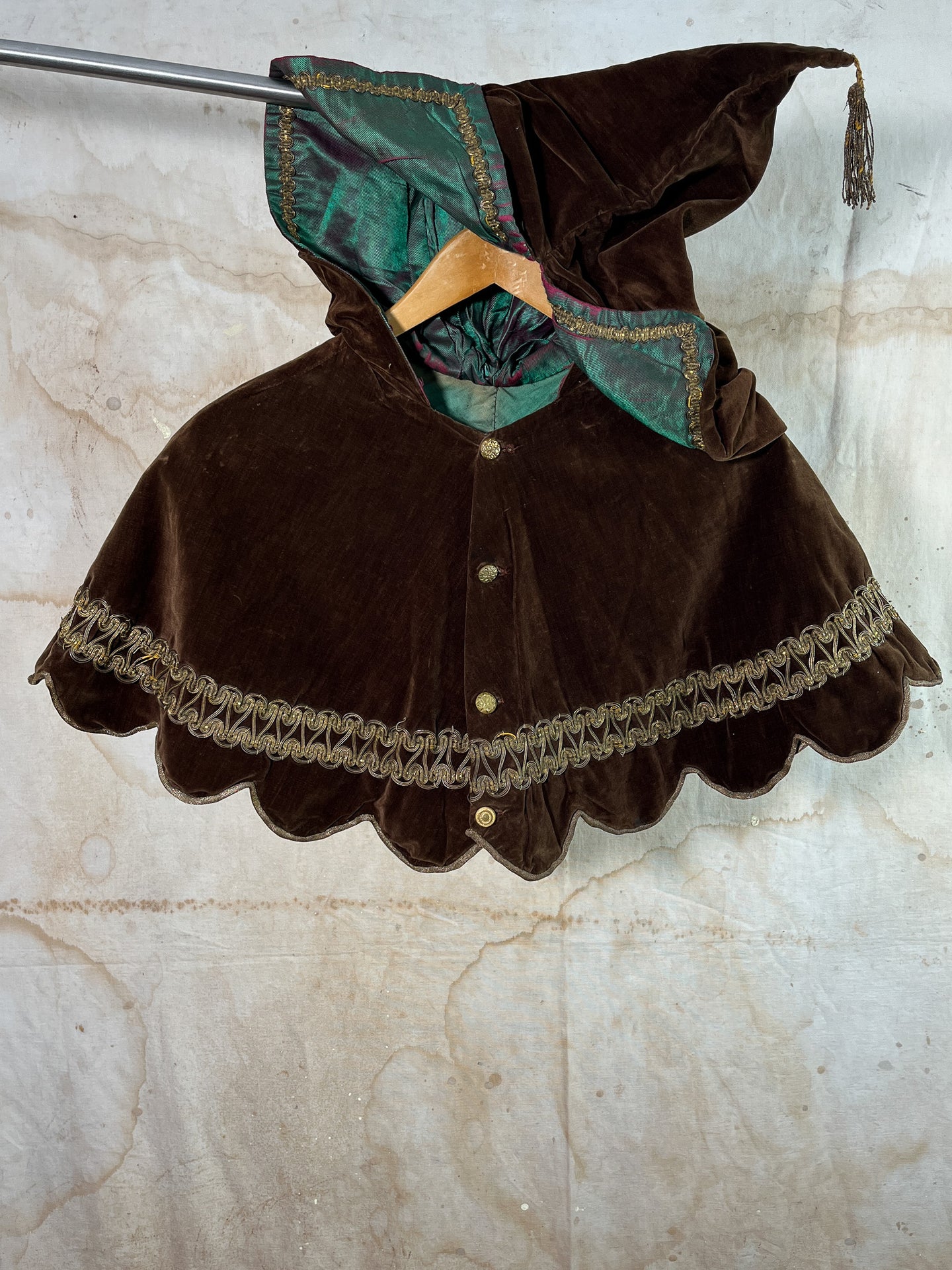 French Brown Velvet Costume Hood c. 1930s w/ Iridescent lining & metallic thread work