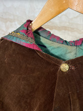 Load image into Gallery viewer, French Brown Velvet Costume Hood c. 1930s w/ Iridescent lining &amp; metallic thread work
