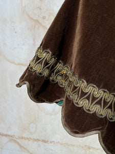 French Brown Velvet Costume Hood c. 1930s w/ Iridescent lining & metallic thread work