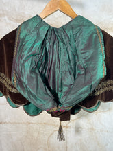 Load image into Gallery viewer, French Brown Velvet Costume Hood c. 1930s w/ Iridescent lining &amp; metallic thread work
