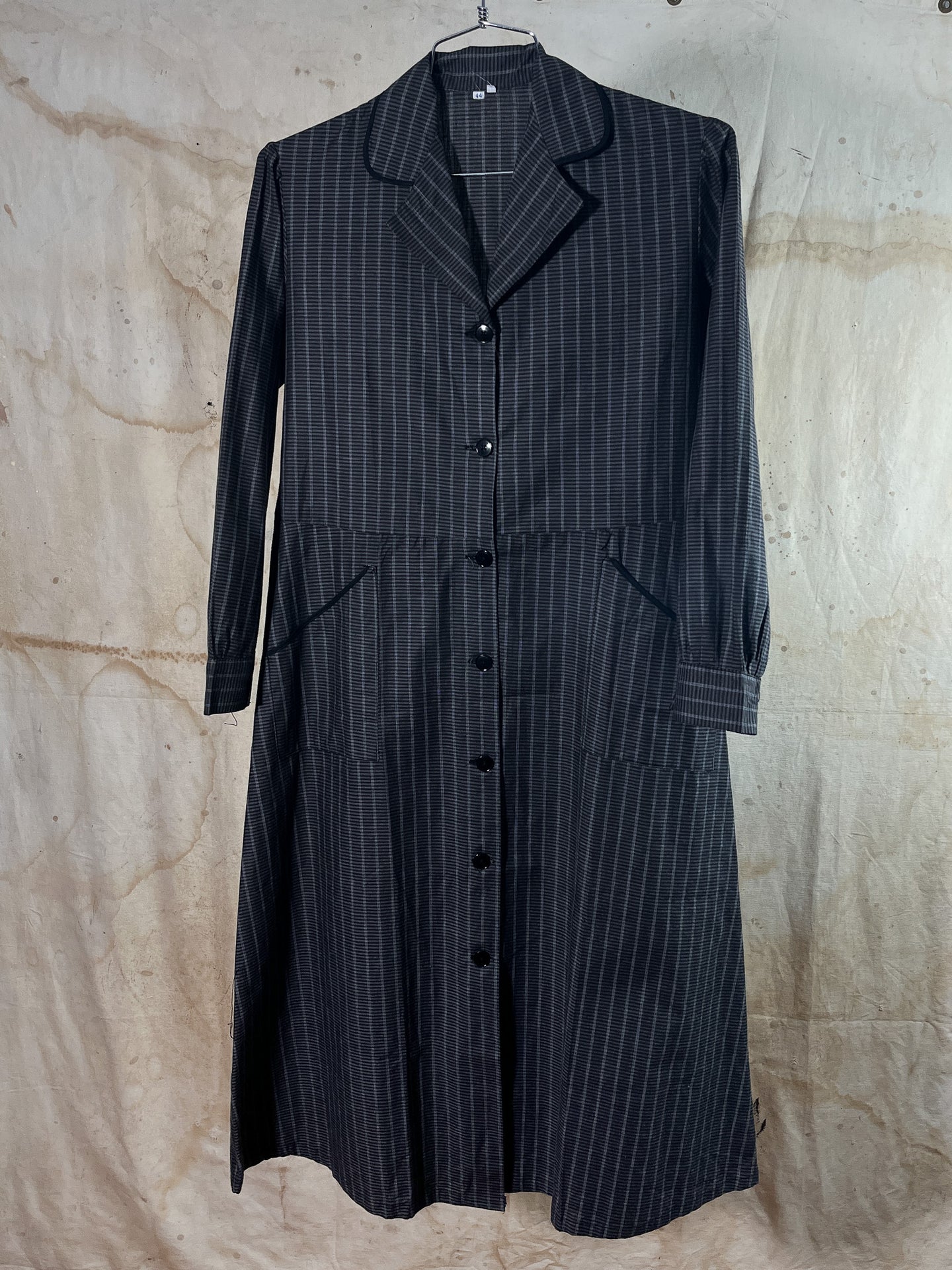 French Gray Plaid Belted Work Dress/ Duster c. 1940s