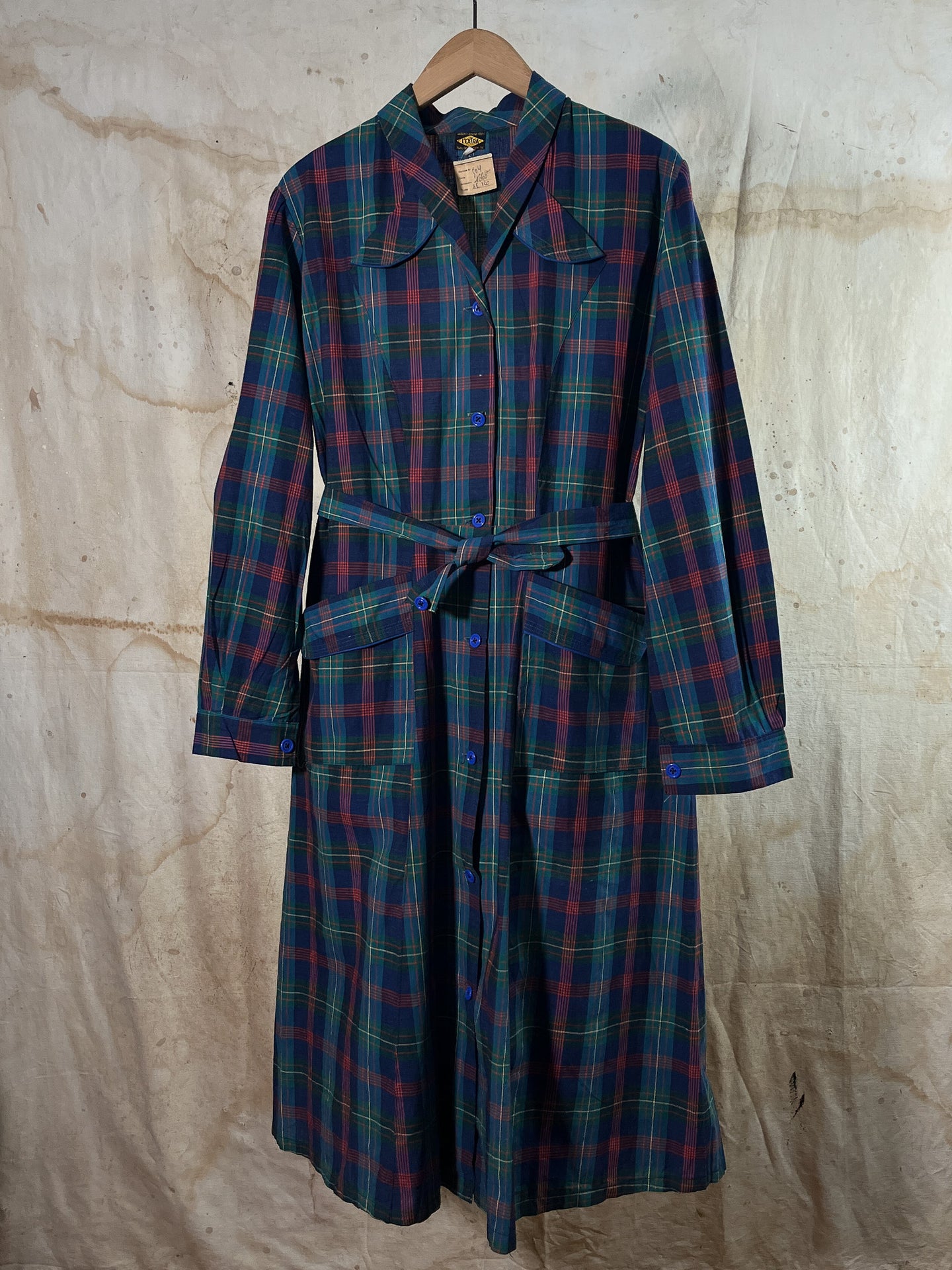 French Plaid Belted Work Dress/ Duster c. 1940s