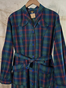 French Plaid Belted Work Dress/ Duster c. 1940s