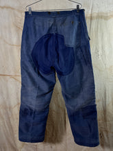Load image into Gallery viewer, French Blue Moleskin PATCHED Work Trousers c. 1950s-60s
