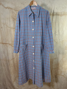 French Blue & Red Plaid Work Dress/ Duster c. 1940s