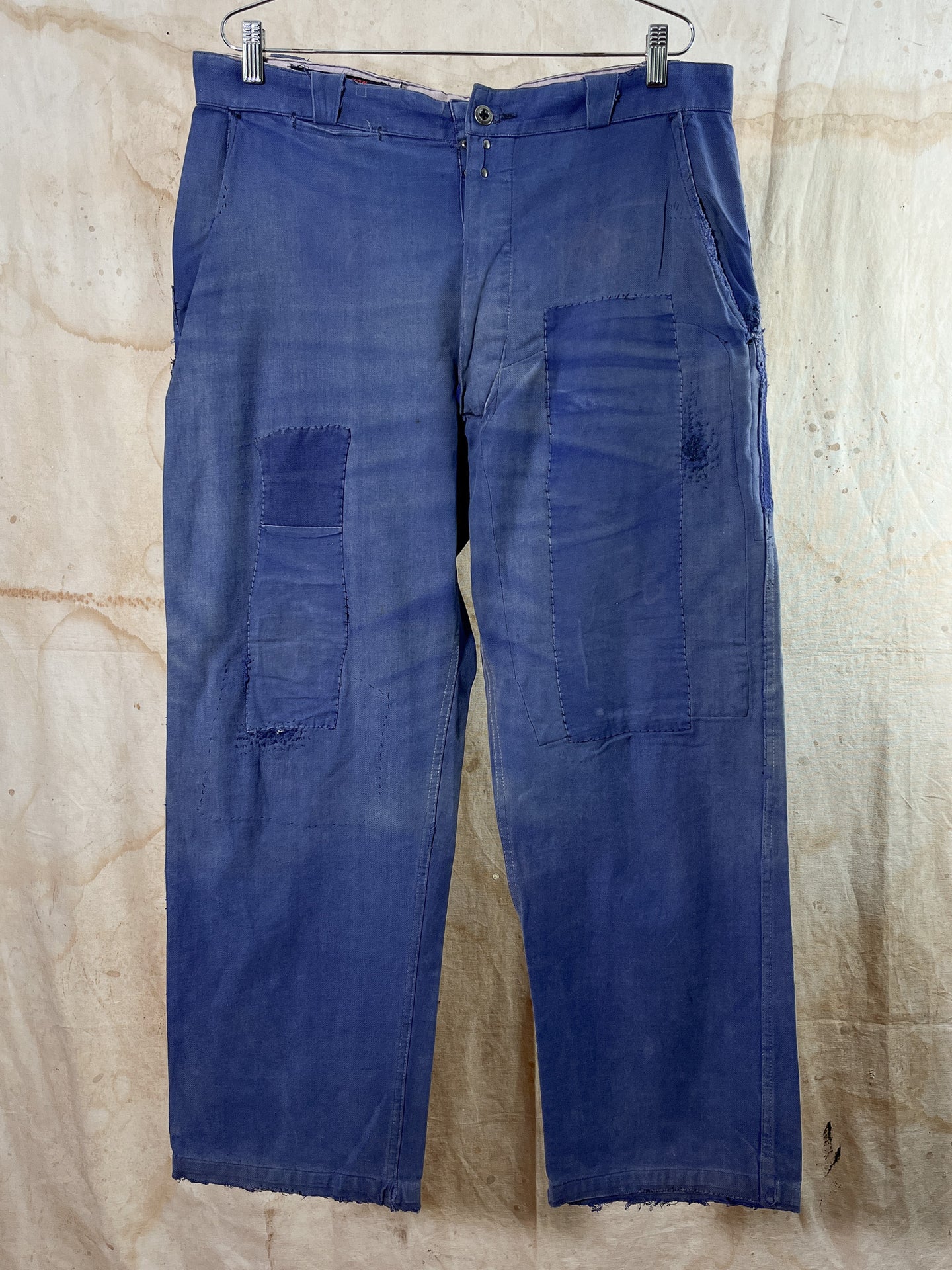 French Blue Cotton Twill Patched & Repaired Work Trousers c. 1950s