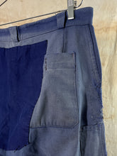 Load image into Gallery viewer, French Blue Cotton Twill Patched &amp; Repaired Work Trousers c. 1950s
