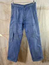Load image into Gallery viewer, French Blue Patched &amp; Repaired Moleskin Trousers c. 1940s-50s
